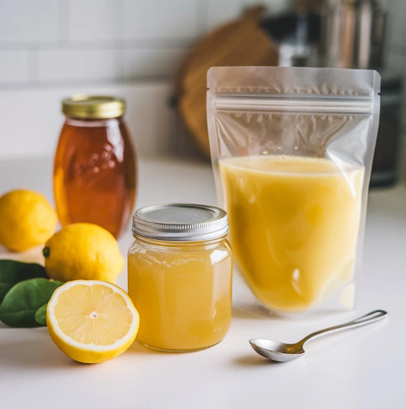 Homemade lemon syrup, vacuum-sealed juice, and citrus vinegar on a kitchen counter