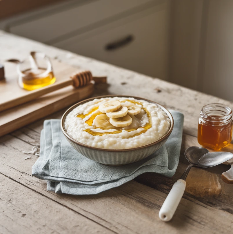 Sweet rice pudding with bananas and honey in a small bowl.