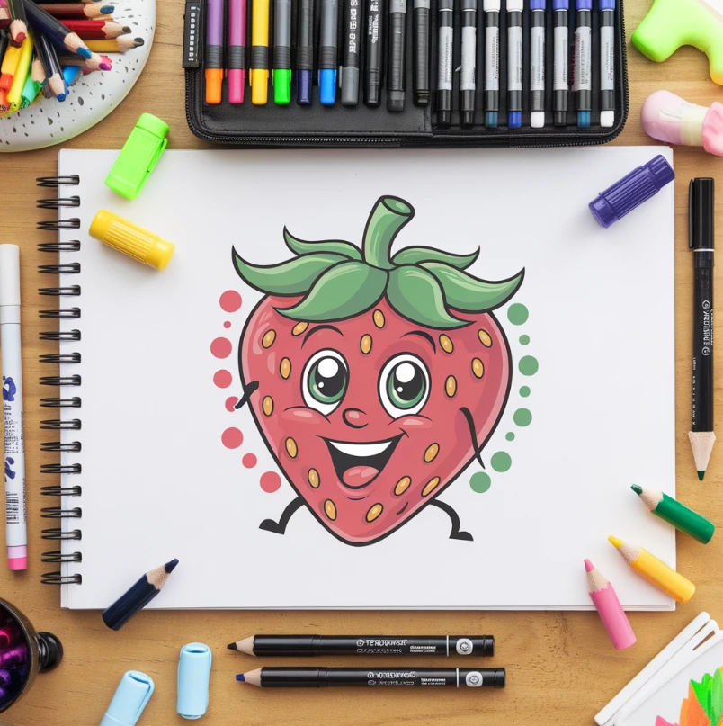 A whimsical cartoon strawberry with a smiling face and vibrant colors on a sketch pad.