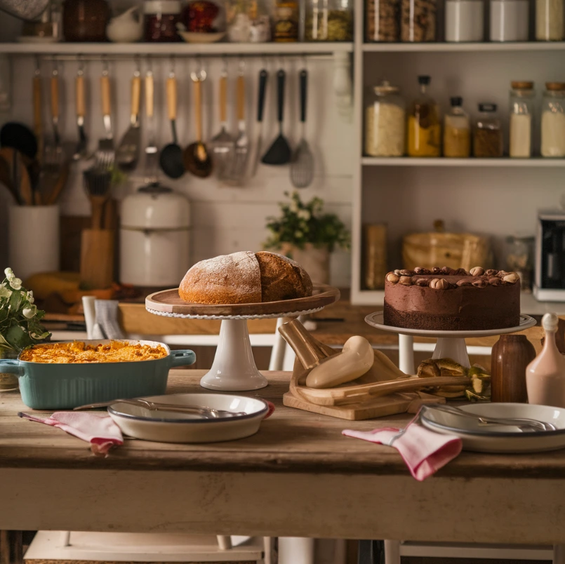 Family dining table with comforting dishes and a cozy rustic kitchen.