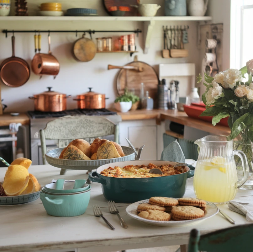 Rustic kitchen setup with a table set for a meal inspired by Ree Drummond’s recipes.