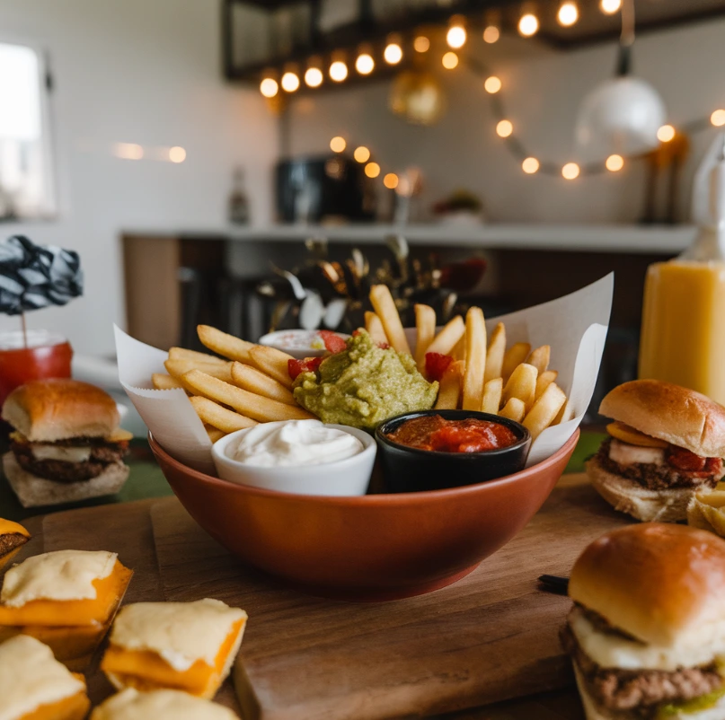 A party table with hot fries and dips like guacamole, sour cream, and salsa in a modern kitchen.