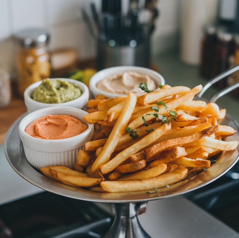 Hot fries served with guacamole, hummus, and spicy vegan mayo in a modern kitchen.