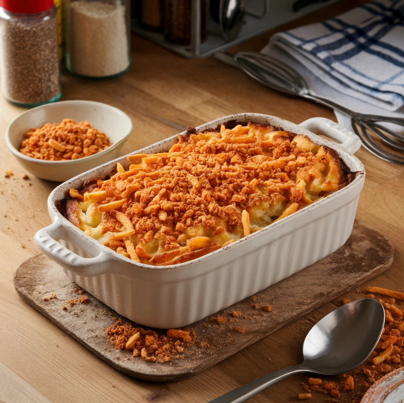 Casserole topped with crushed Chester's Hot Fries on a wooden countertop with kitchen utensils.