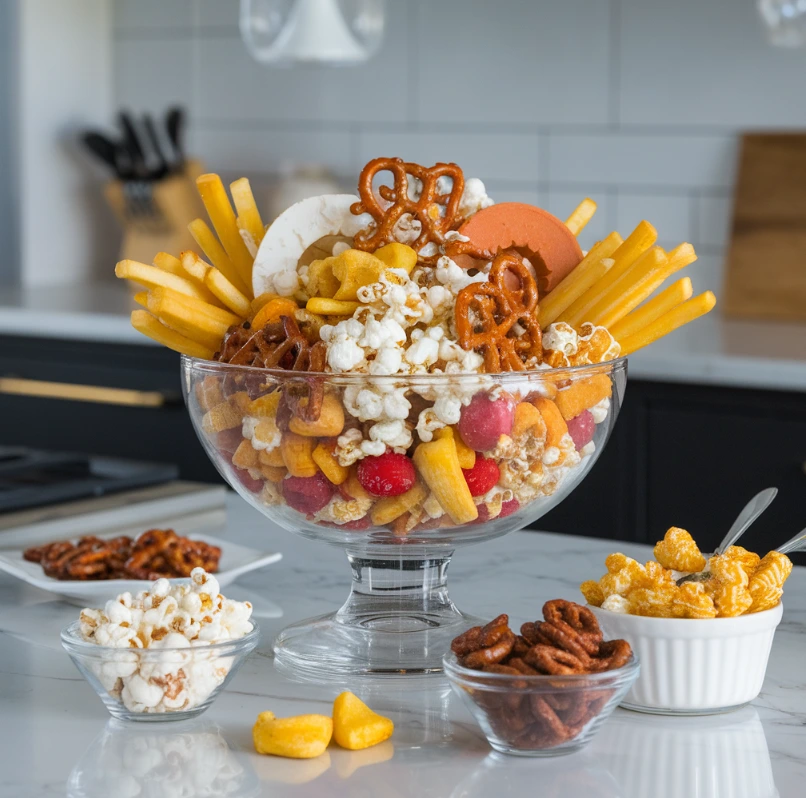 A colorful snack mix featuring hot fries, popcorn, pretzels, and caramel popcorn in a modern kitchen.