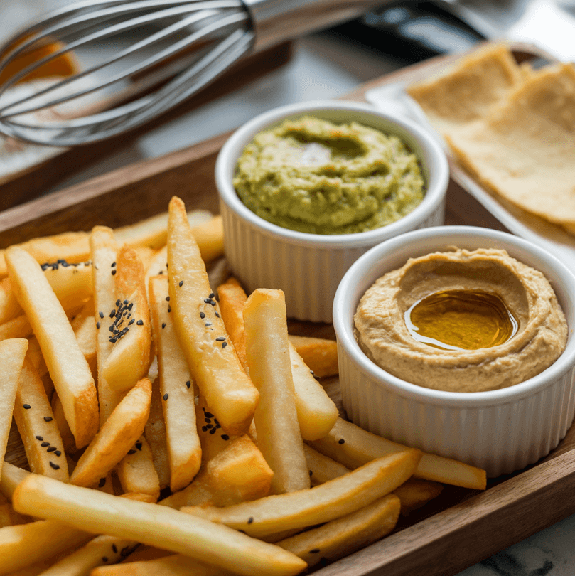 Hot fries with guacamole and hummus dips on a wooden tray for creative allergen-friendly pairings