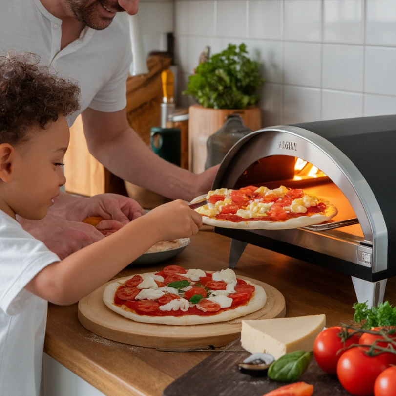 Family preparing pizza together near a glowing pizza oven.