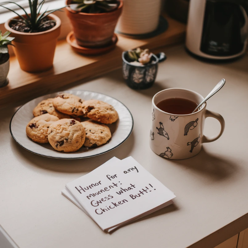 A cheerful kitchen countertop with a plate of cookies, a steaming mug of tea, and a handwritten note that says 'Humor for Any Moment: Guess What? Chicken Butt!'.