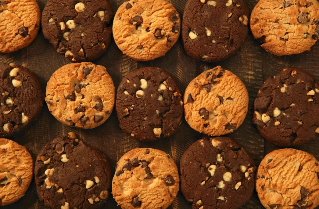 A freshly baked batch of chocolate chip cookies made using a recipe without brown sugar, placed on a wooden table.