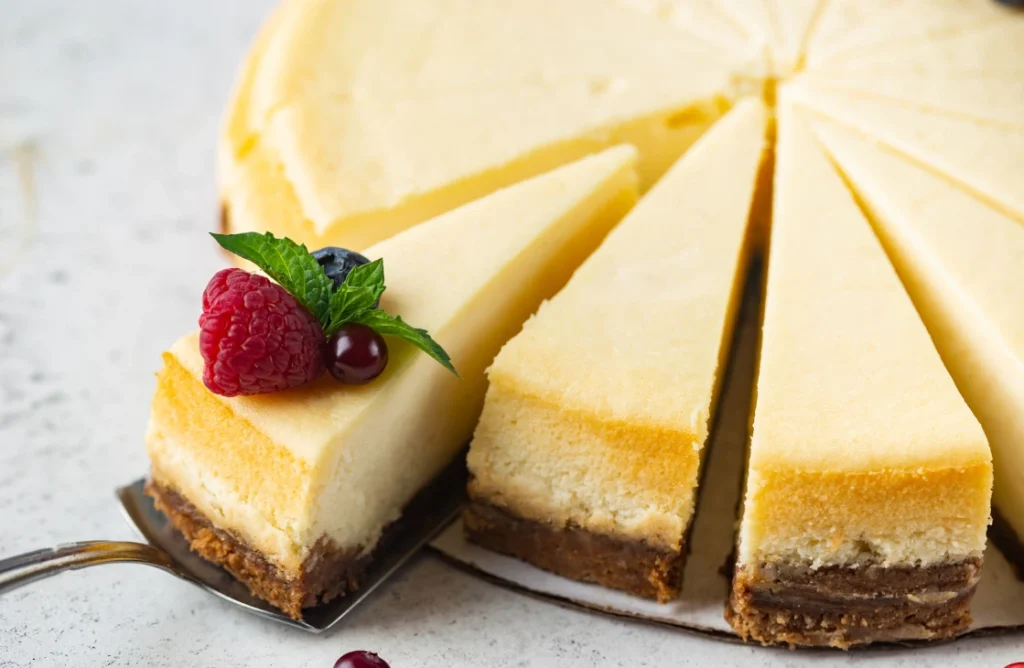 A creamy, classic cheesecake with a golden crust and fresh berry topping on a white plate.