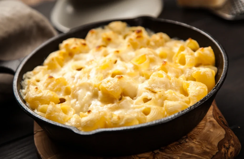 A bowl of mac and cheese with three types of melted cheeses.