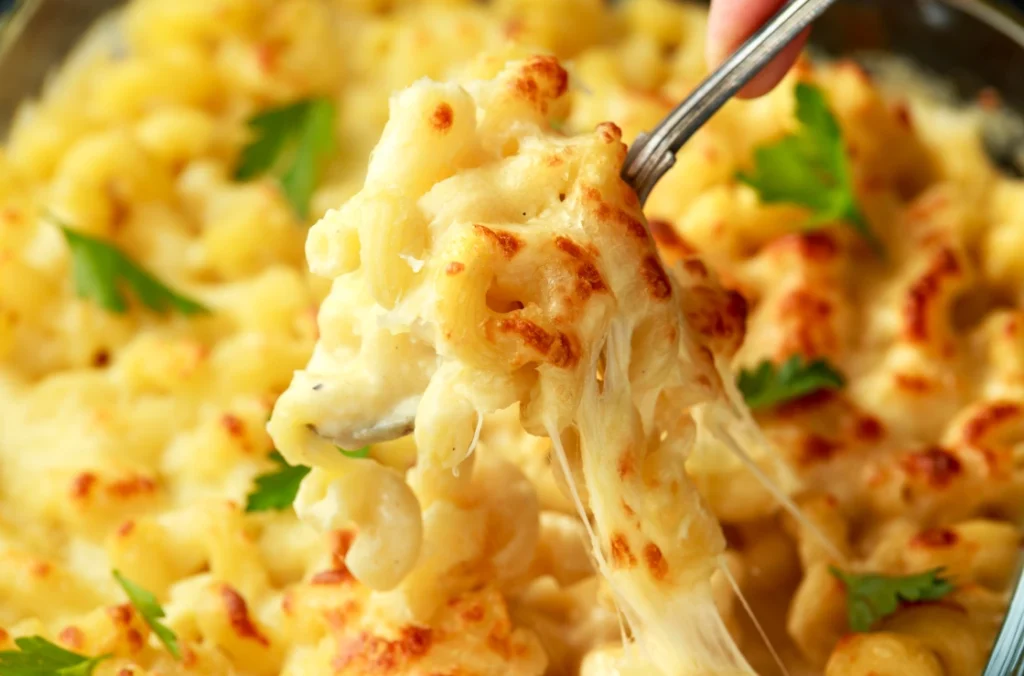 A steaming bowl of macaroni and cheese garnished with bacon, herbs, and breadcrumbs.