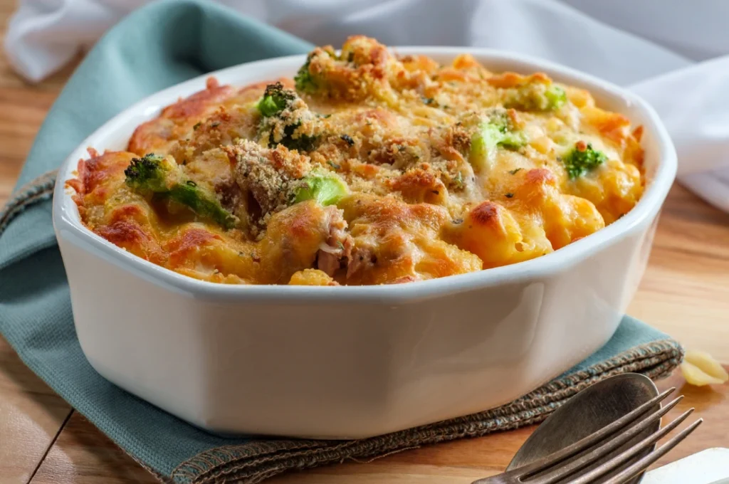 A steaming bowl of macaroni and cheese garnished with bacon, herbs, and breadcrumbs.