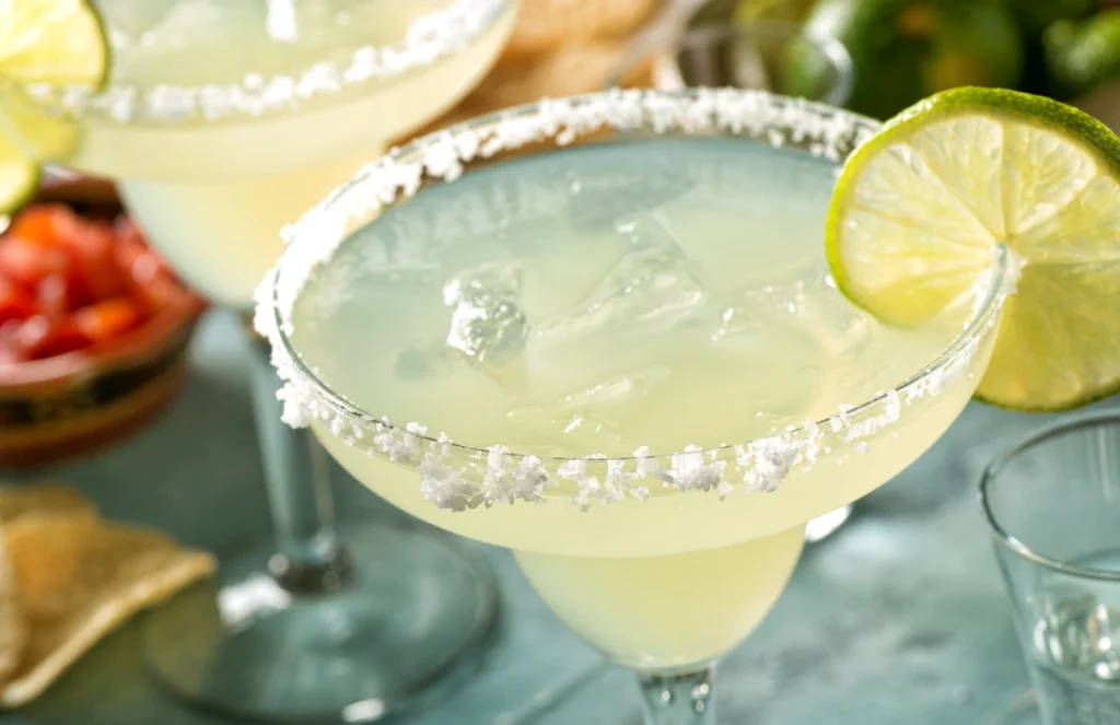 A refreshing skinny margarita with lime garnish and a salt rim on a wooden table.