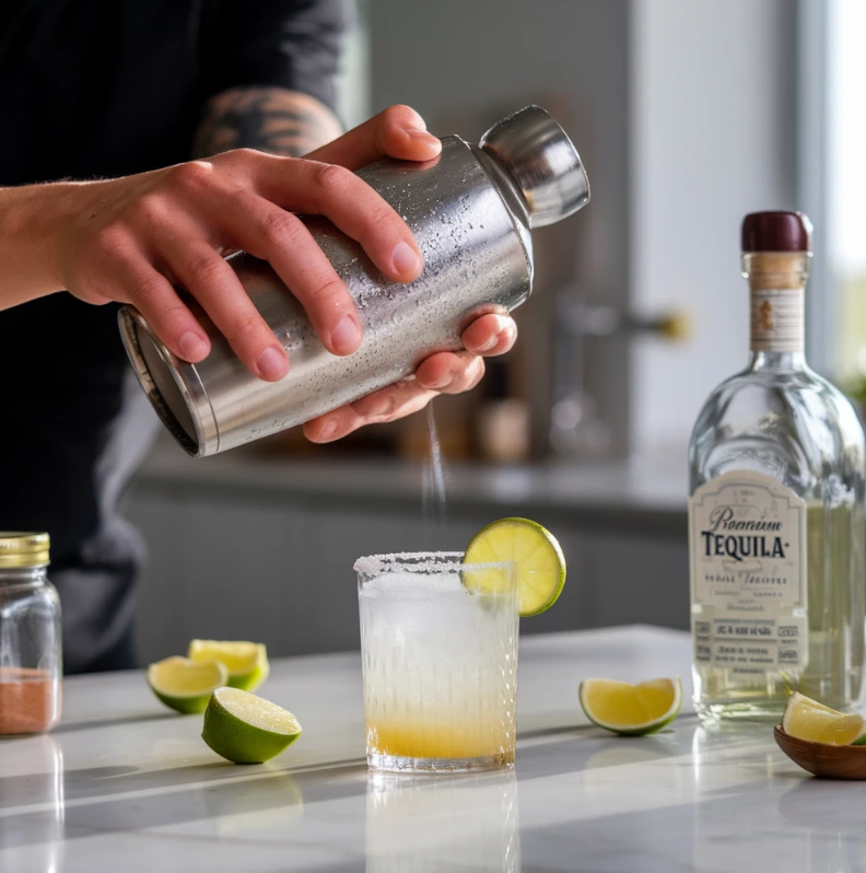 A refreshing skinny margarita and a classic regular margarita, side by side on a sleek counter.