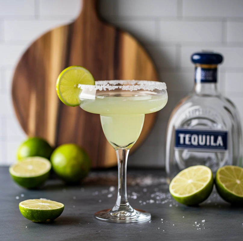 A refreshing skinny margarita and a classic regular margarita, side by side on a sleek counter.