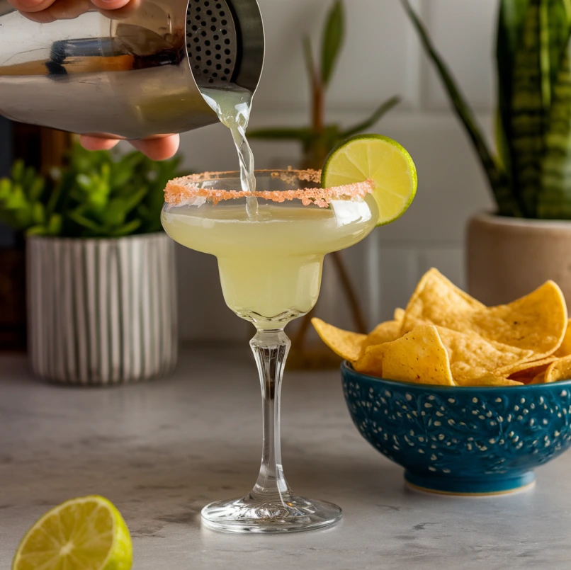 A crystal margarita glass garnished with a lime wheel and a salted rim, showcasing the secret ingredient in margaritas.