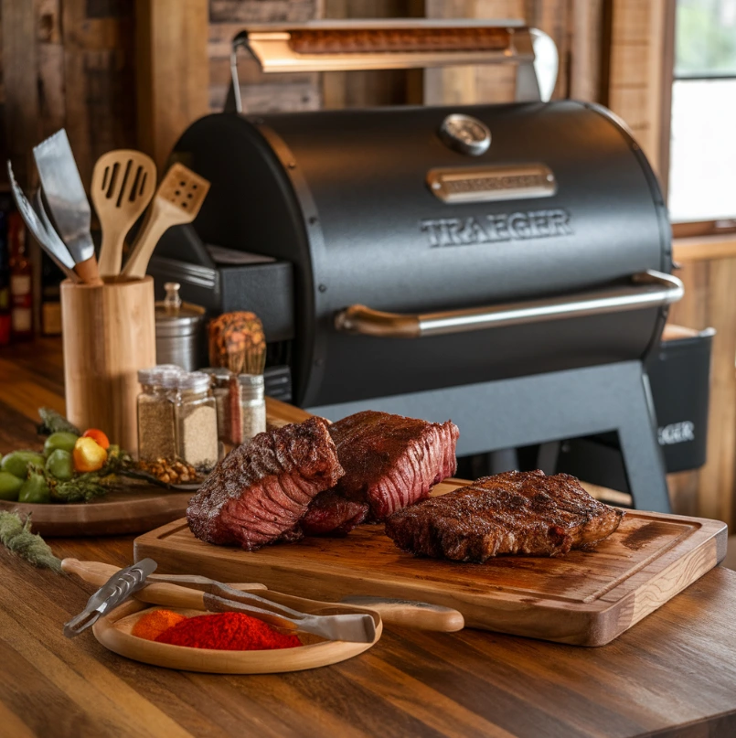 Traeger recipes featuring wood-fired grilled meat with fresh herbs, rustic kitchen setup, and Traeger grill in the background.