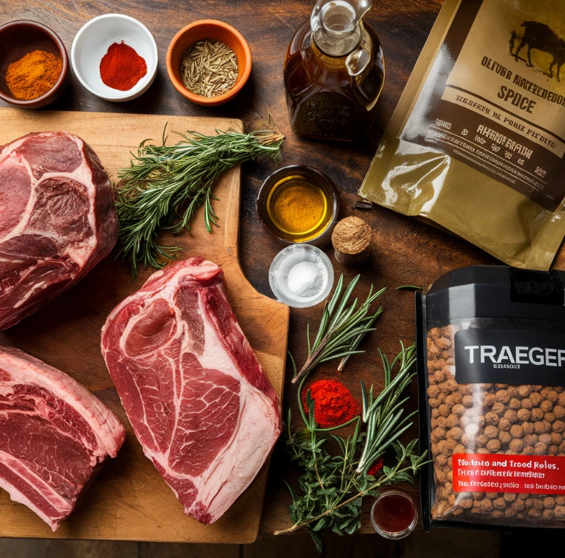 Traeger recipes featuring wood-fired grilled meat with fresh herbs, rustic kitchen setup, and Traeger grill in the background.