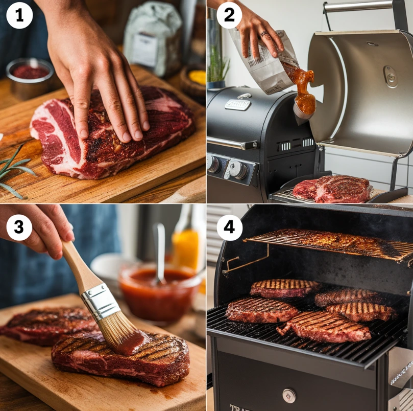 Traeger recipes featuring wood-fired grilled meat with fresh herbs, rustic kitchen setup, and Traeger grill in the background.