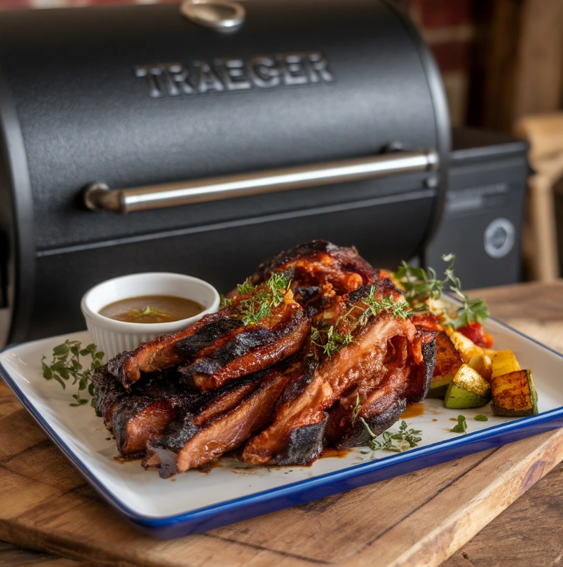 Traeger recipes featuring wood-fired grilled meat with fresh herbs, rustic kitchen setup, and Traeger grill in the background.