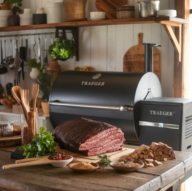 What is good to cook on a Traeger: ingredients and smoked brisket in a rustic kitchen setting