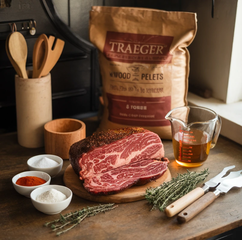 What is good to cook on a Traeger: ingredients and smoked brisket in a rustic kitchen setting