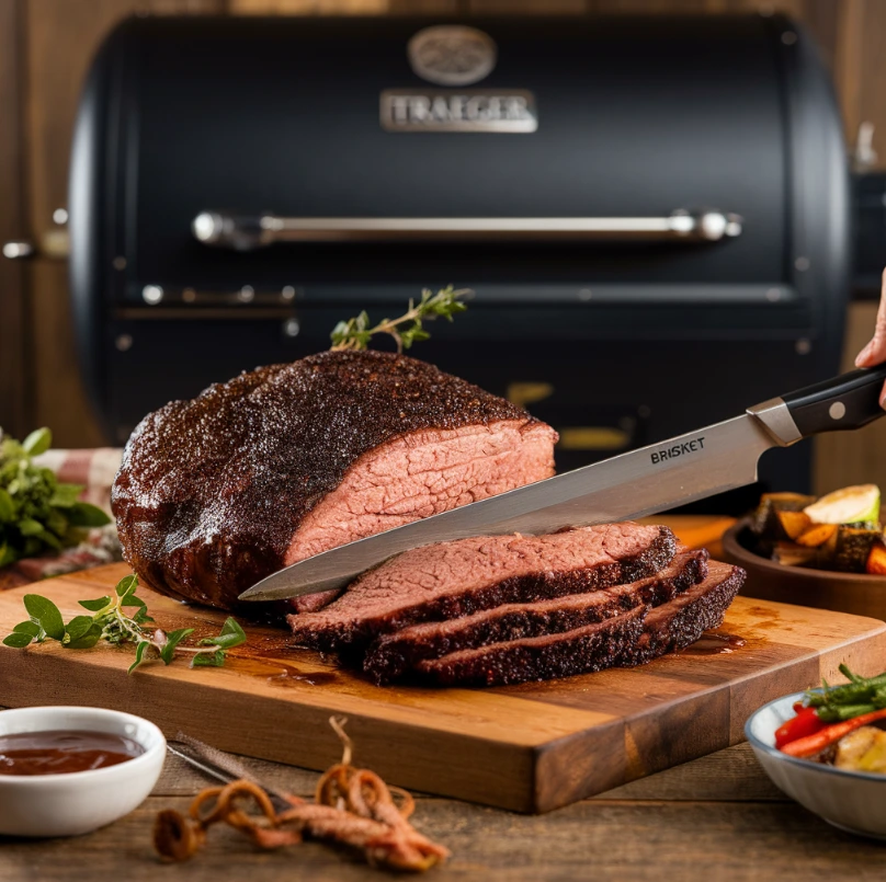 What is good to cook on a Traeger: ingredients and smoked brisket in a rustic kitchen setting