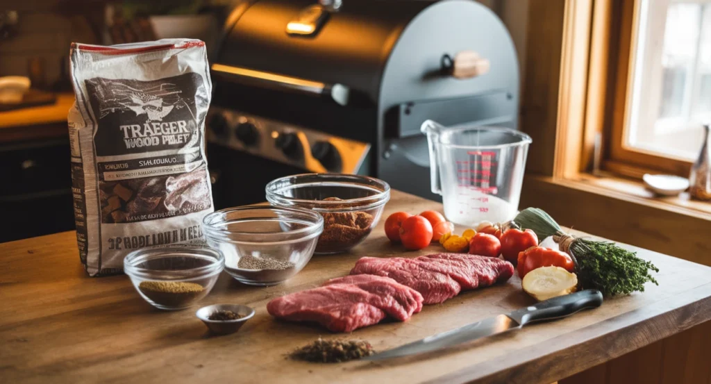 Illustration of Traeger grill with a 20-pound bag of pellets and smoked food.