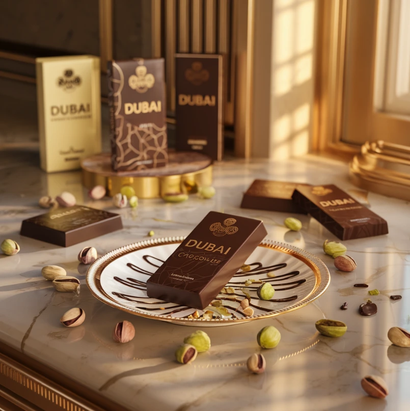 Beautifully crafted Dubai chocolate bar with pistachios and golden accents.