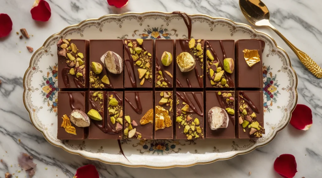 Beautifully crafted Dubai chocolate bar with pistachios and golden accents.