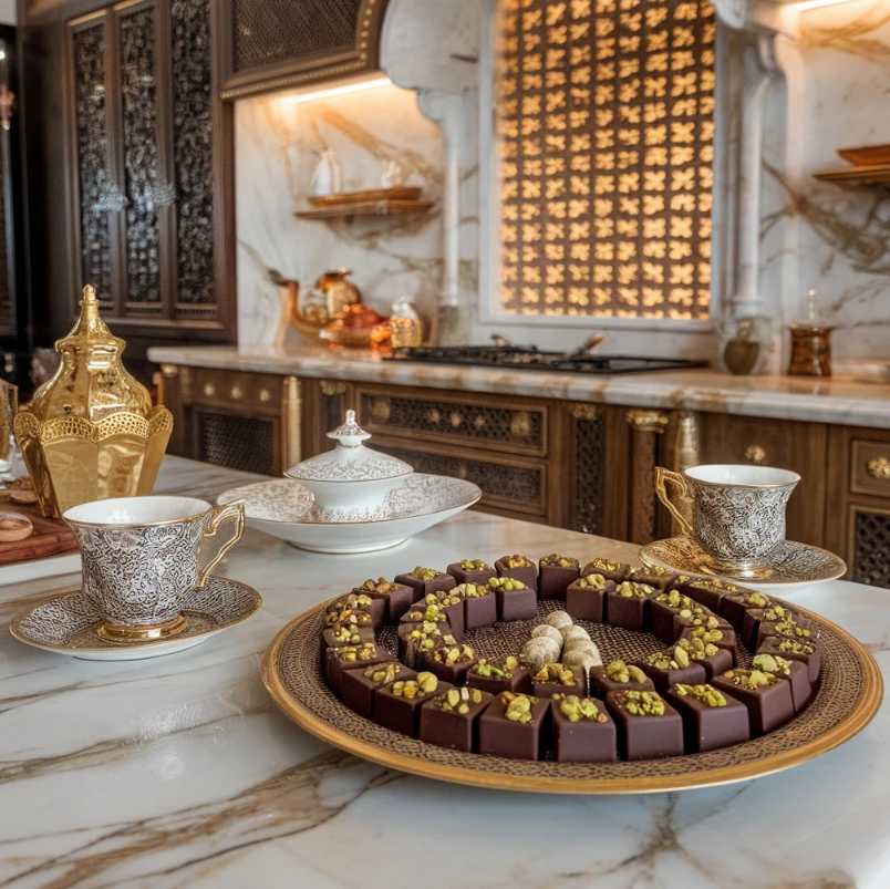 A detailed look at what Dubai chocolate bar is made of, including pistachios, tahini, and gold accents.