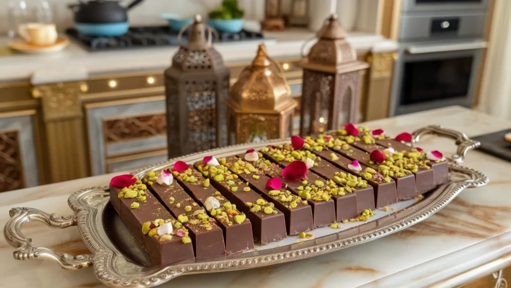 A detailed look at what Dubai chocolate bar is made of, including pistachios, tahini, and gold accents.