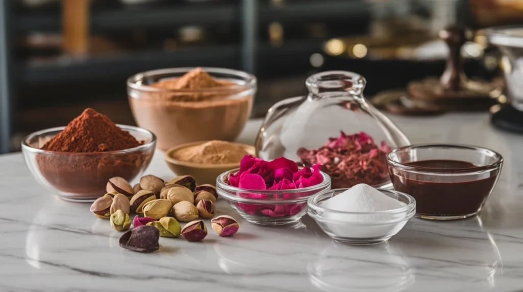 A decadent Dubai chocolate bar plated with pistachios and rose petals, reflecting the luxurious appeal of Dubai's culinary creations.