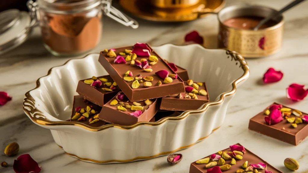 A decadent Dubai chocolate bar plated with pistachios and rose petals, reflecting the luxurious appeal of Dubai's culinary creations.