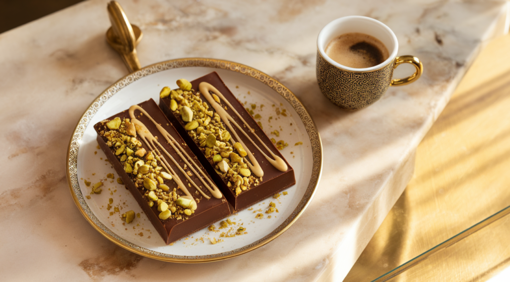 Image of Dubai chocolate with tahini, showcasing its rich, creamy texture on a stylish serving plate.