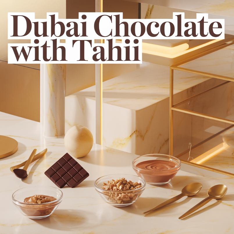 Image of Dubai chocolate with tahini, showcasing its rich, creamy texture on a stylish serving plate.