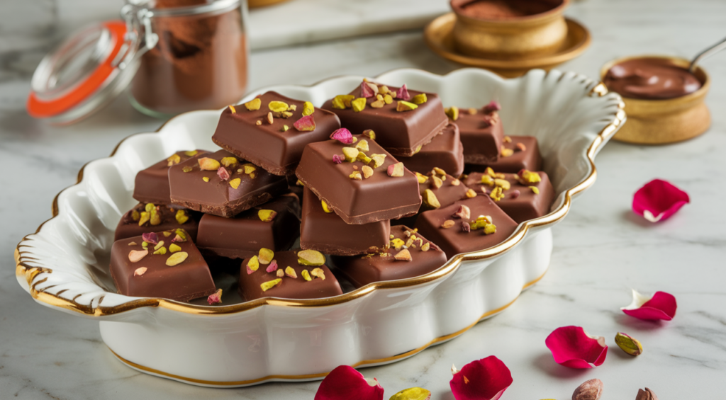 Image of Dubai chocolate with tahini, showcasing its rich, creamy texture on a stylish serving plate.