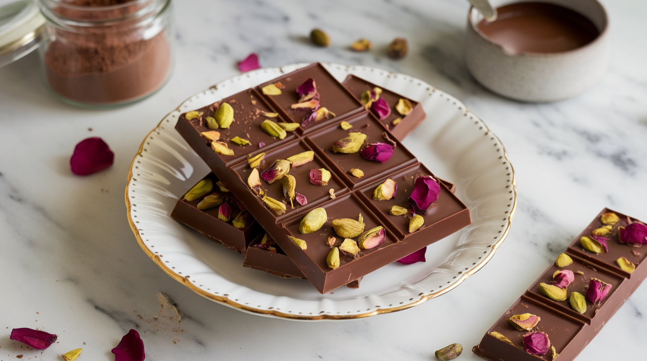 A delicious, decadent Dubai chocolate bar with tahini, dates, and pistachios, set against a modern kitchen backdrop.