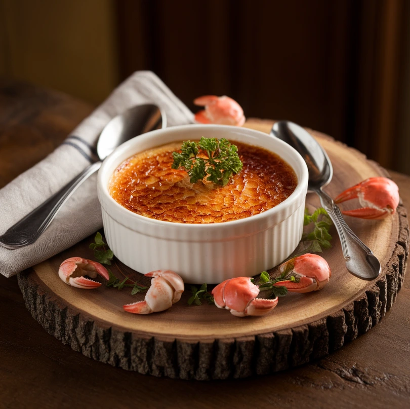 A freshly made Crab Brûlée with caramelized topping served in a ramekin.