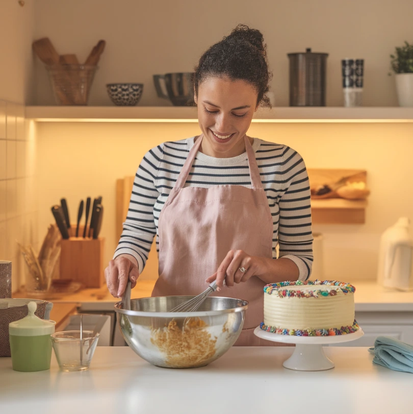 A single mom baking her own birthday cake in a cozy kitchen.