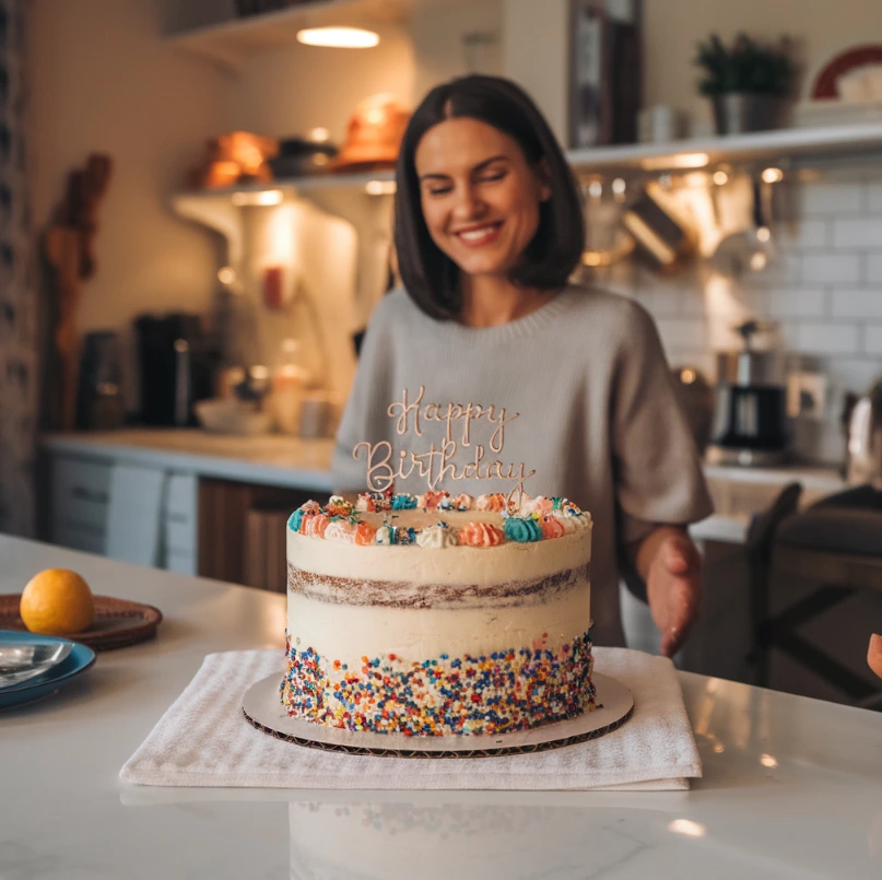 A single mom baking her own birthday cake in a cozy kitchen.