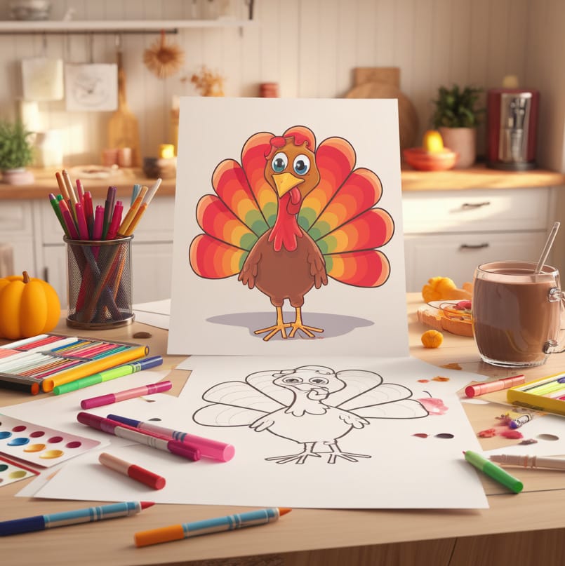 A step-by-step guide to how to draw a turkey with vibrant feathers and playful details.