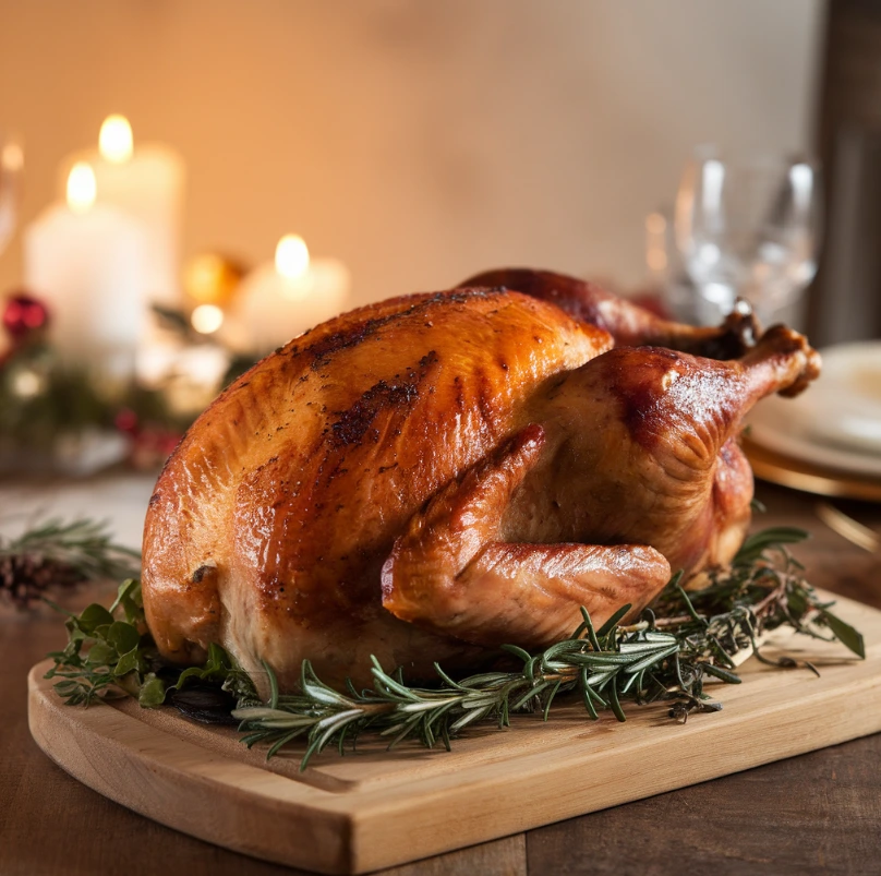 A perfectly smoked turkey breast on a wooden platter.