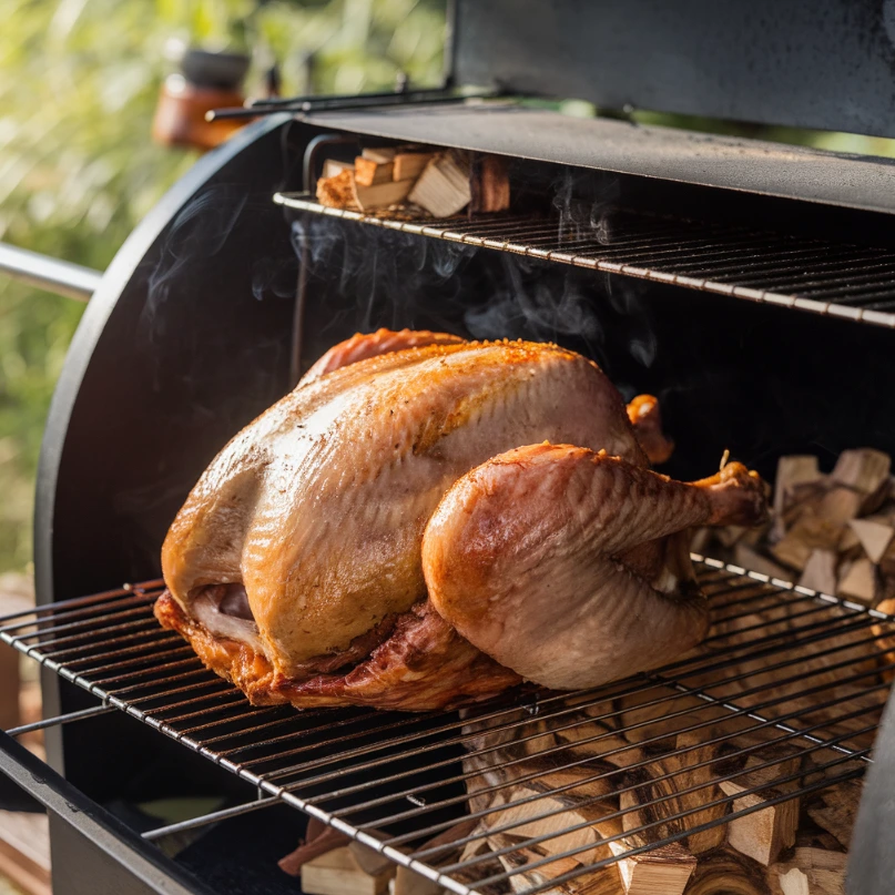 A perfectly smoked turkey breast on a wooden platter.