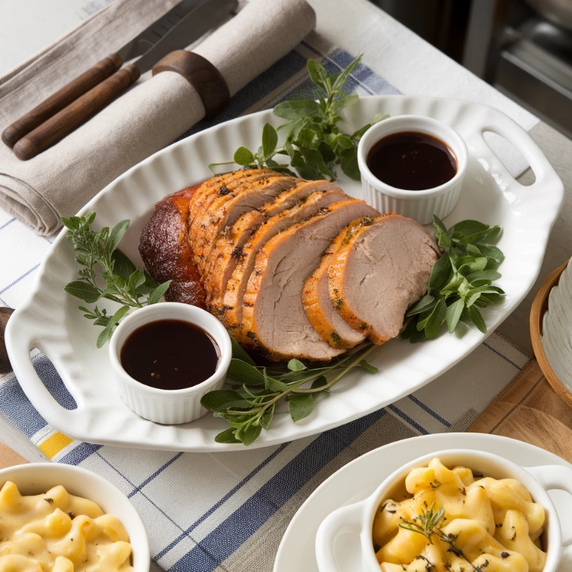 A perfectly smoked turkey breast on a wooden platter.