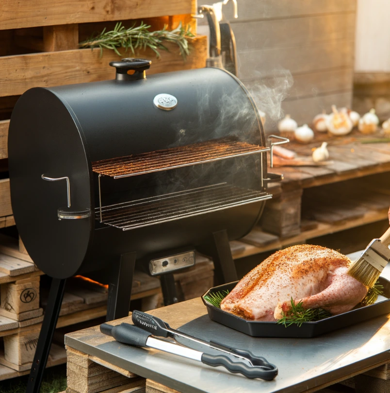 Juicy smoked turkey breast resting on a wooden cutting board.