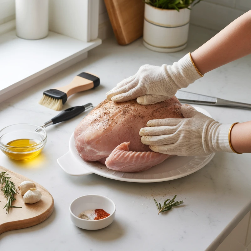 Juicy smoked turkey breast resting on a wooden cutting board.