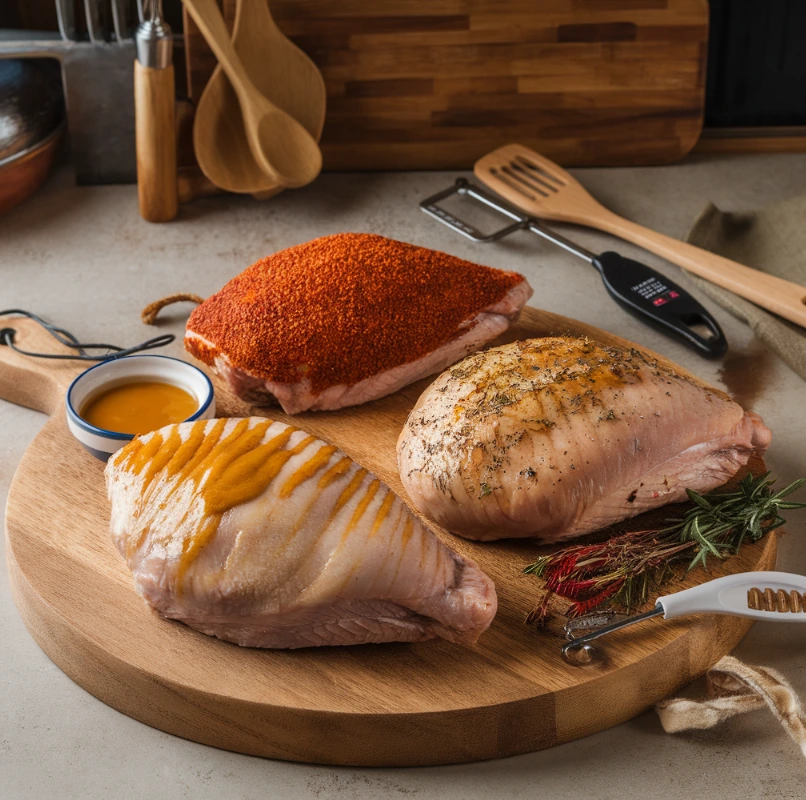 Juicy smoked turkey breast resting on a wooden cutting board.