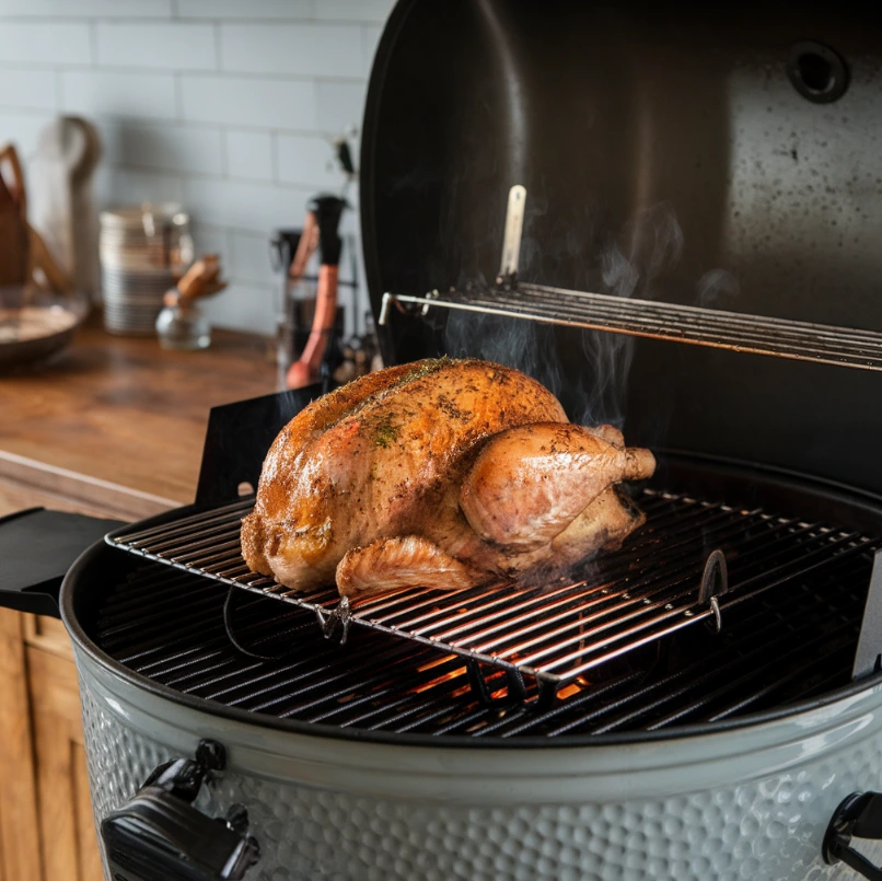 A perfectly smoked turkey breast resting on a wooden board with golden-brown skin, sliced to reveal juicy, tender meat.